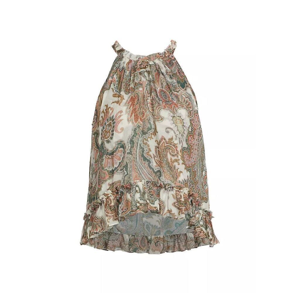 Veronica Beard Paisley Ruffle-Hem Halter Blouse in Cream, Green, Rust